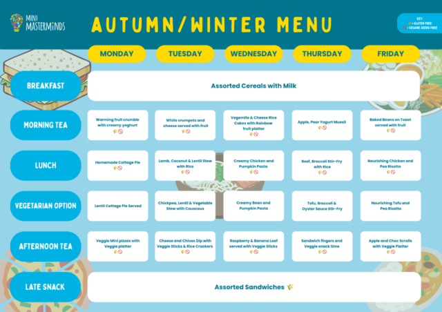Sample childcare menu at Mini Masterminds